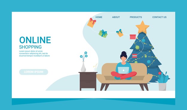 Vector christmas eshopping online business promotion shopaholic concept. customer payment marketing woman with laptop on couch. winter online sale. home purchase concept.