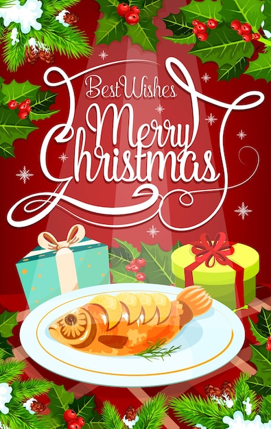 Christmas Eve dinner banner with gift and fish