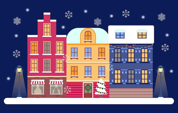 Сочельник в уютном городском концептуальном векторе панорама зимней ночи в городе с уличными фонарями снежный город или деревенский пейзаж вечером со снегопадом пряничный домик