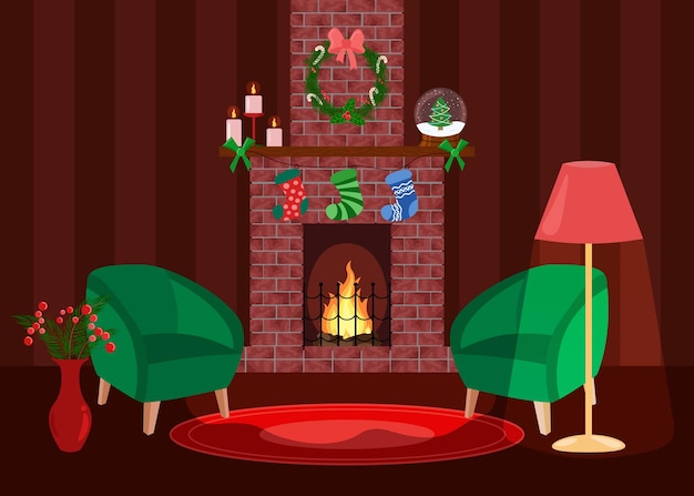 Vector christmas evening home interior lamp candles fire in fireplace are lit winter holidays fireside