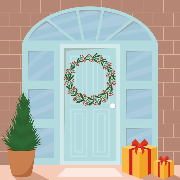 christmas facade with door and windows decorated with gifts and christmas tree vector flat