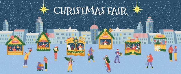 Christmas fair horizontal vector banner. Winter night cityscape with people and shops.