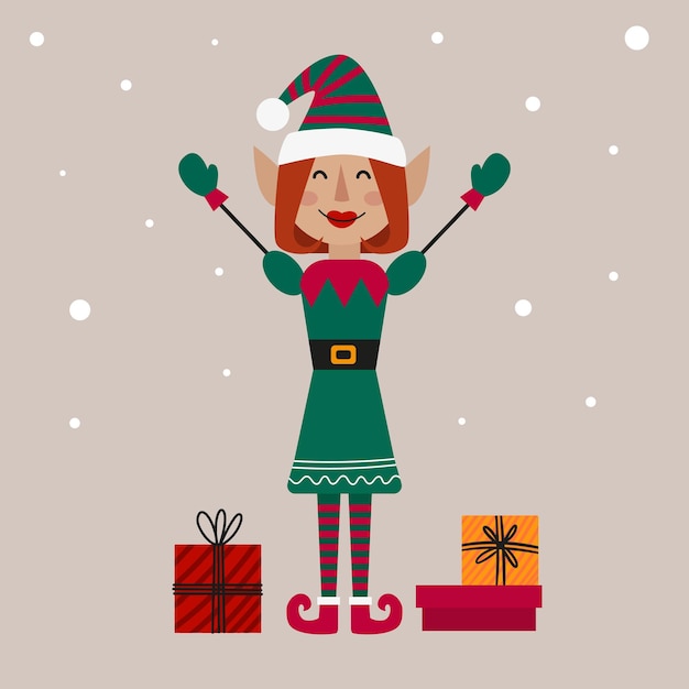 Vector christmas fairy tale character elf girl in illustration