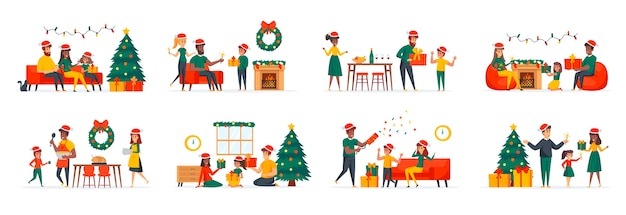 Vector christmas family bundle of scenes