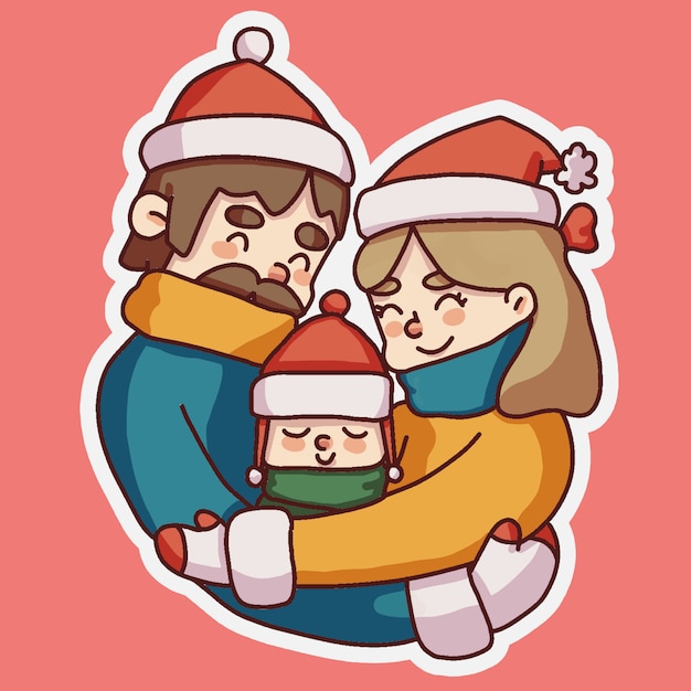 Christmas family hugging each other cute illustration