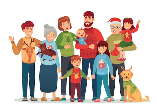 Vector christmas family portrait. happy xmas holiday people, big family in ugly sweaters.