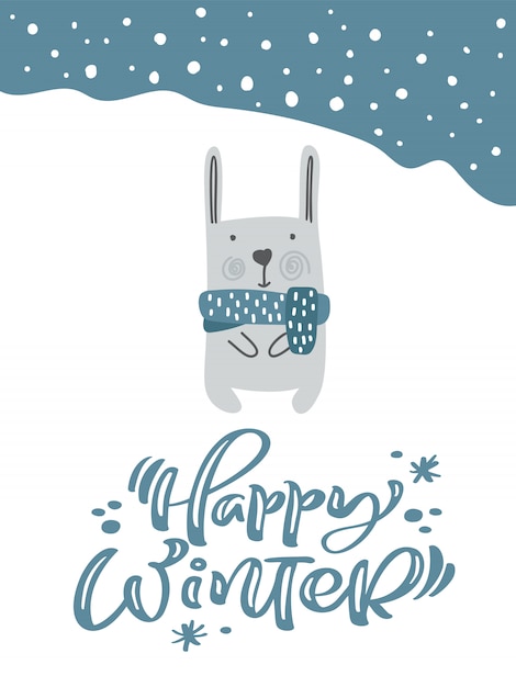 Christmas fanny hare or rabbit in Scandinavian style with Happy Winter calligraphy