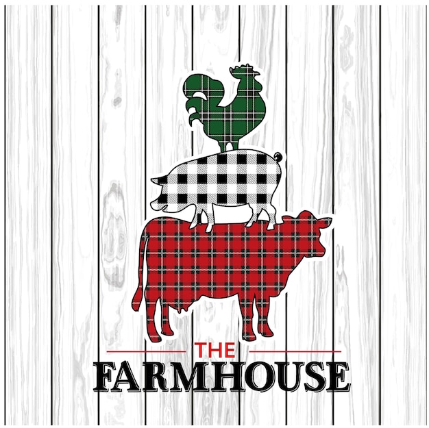 Vector christmas farmhouse animals with plaid and check print