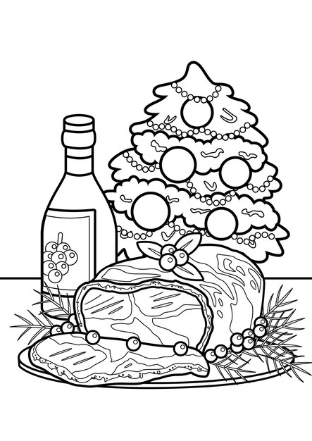 Christmas Feast Food Coloring Pages A4 for Kids and Adult