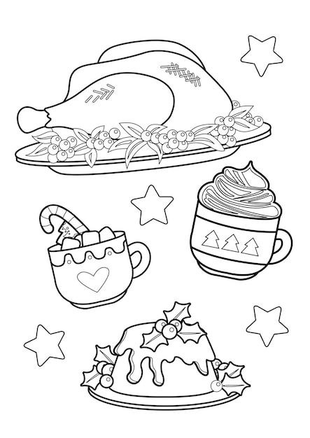 Christmas Feast Food Coloring Pages A4 for Kids and Adult