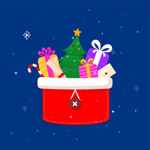 Christmas Festival Element Inside Red Pocket Patch Over Blue Snowfall Background.