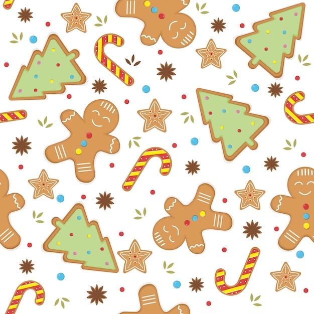 Christmas festive pattern with gingerbread man vector illustration in cartoon style