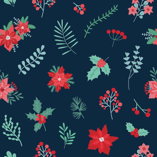 Christmas festive seamless pattern with green and red traditional holiday decorations on dark