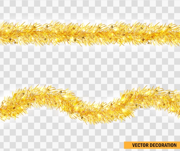 Christmas festive traditional decorations golden lush tinsel. xmas ribbon garland isolated. holiday realistic decor element. tinsel for christmas tree. straight and curved festive frippery.