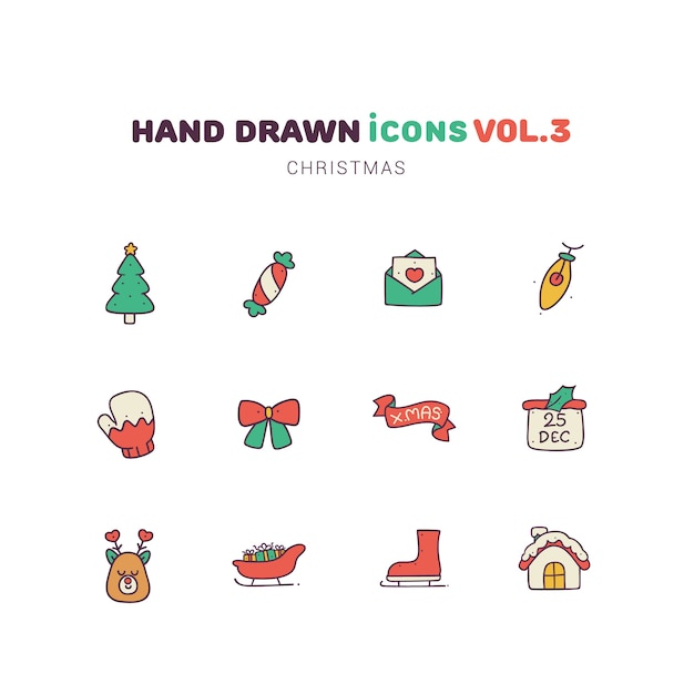 Christmas filled color hand drawn icons 