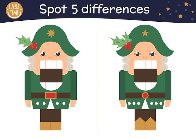 Christmas find differences game for children Winter educational activity with funny Nutcracker Printable worksheet with fairytale character Cute New Year puzzle for kidsxA