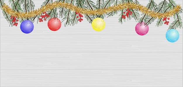 Christmas fir branch with berries and garland on a light wooden background with copy space flat vector illustration