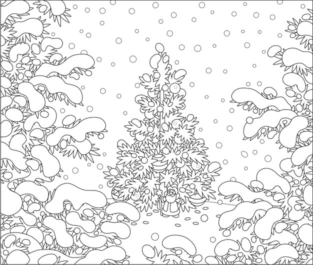 겨울 숲의 예쁜 글레이드에 빛나는 공과 화환으로 장식된 크리스마스 전나무