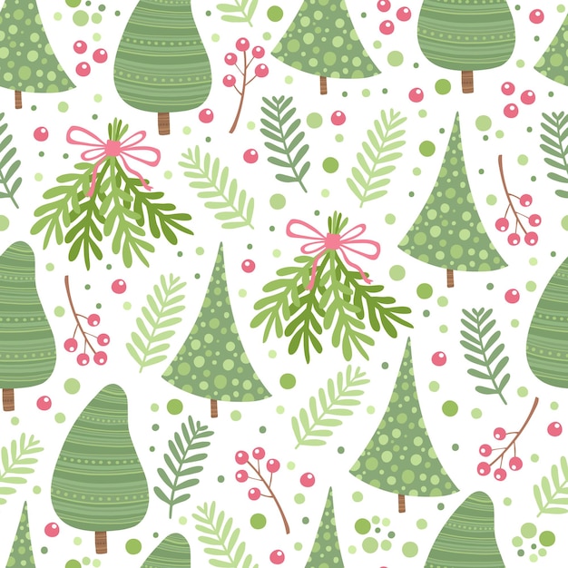 クリスマスのモミの木のシームレスなパターン。あなたの休日のデザインのベクトルイラスト。緑の枝と赤いベリーとモミの木のクリスマスの装飾。