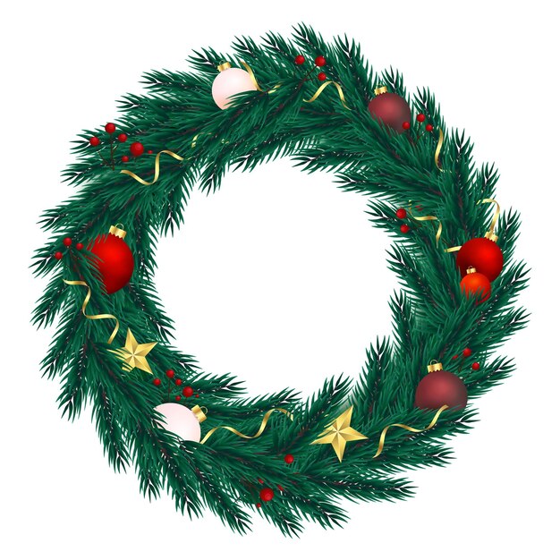 Vector christmas fir tree wreath with decorations, balls, ribbons, berries and stars - red tones palette
