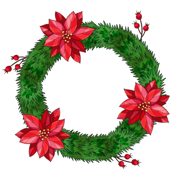 Christmas fir wreath with poinsettia and berry. Hand drawn watercolor illustration. Isolated  