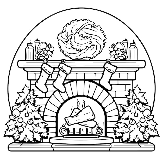 Christmas Fire place with sock line art coloring page vector illustration