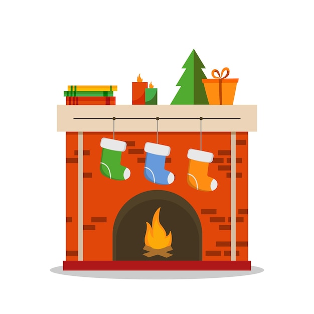 Vector christmas fireplace icon flat illustration isolated on white background, vector