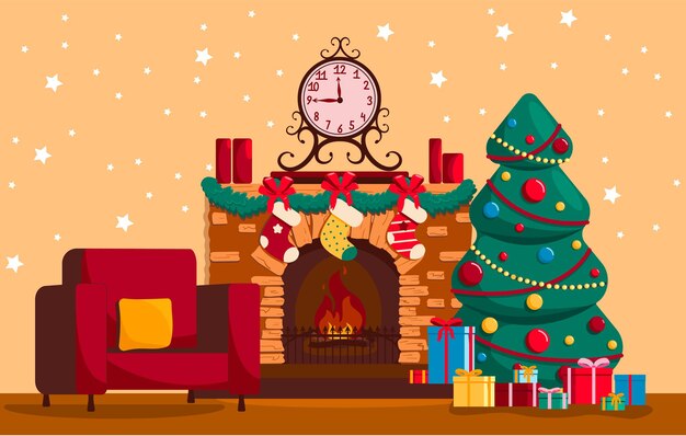 Christmas fireplace with candles and a clock