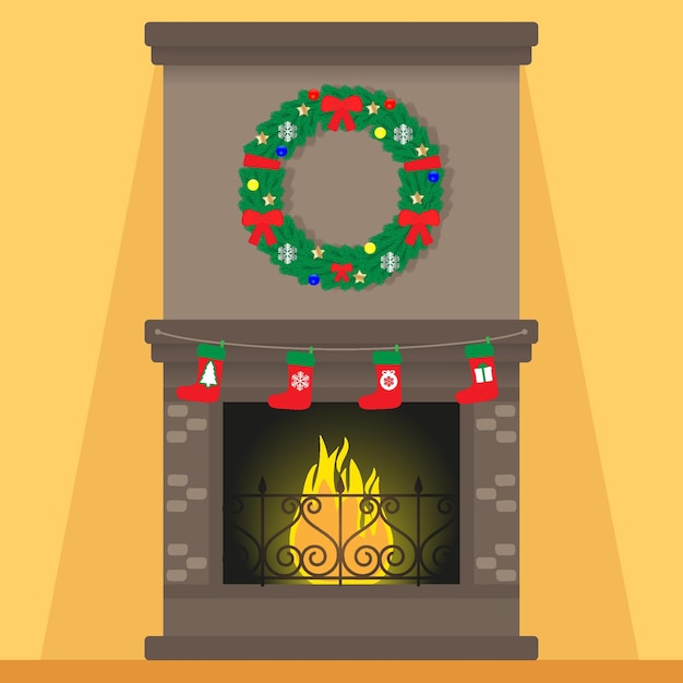 Christmas fireplace with decorations Christmas wreath stockings flame Vector illustration