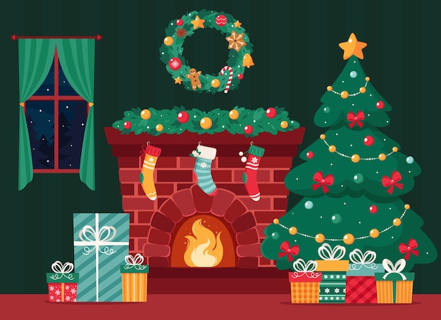 モミの木の贈り物の花輪ストッキングガーランドとクリスマスの暖炉
