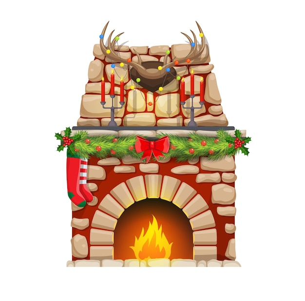 Christmas fireplace with fire and Xmas decorations