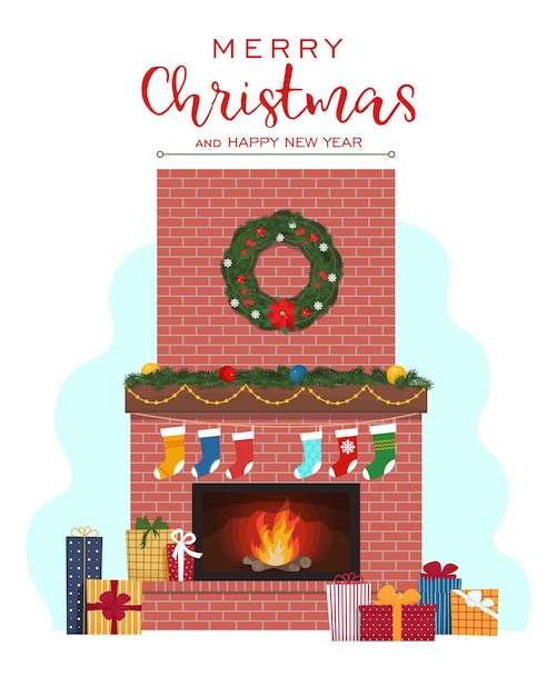 Vector christmas fireplace with gift boxes merry christmas and happy new year greeting card vector