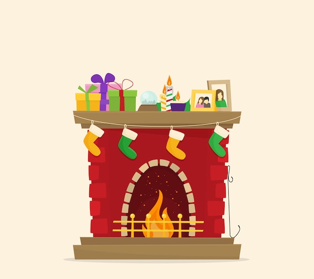 Christmas fireplace with gifts socks and candles Flat cartoon style vector illustration