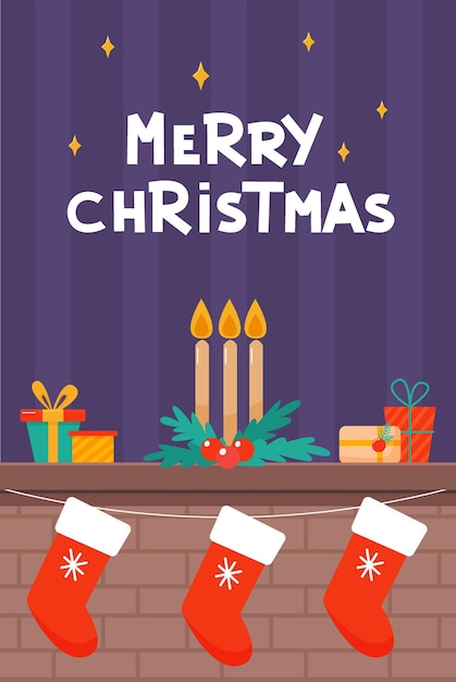 빨간 양말이 있는 크리스마스 벽난로 크리스마스 양초와 선물 장식 크리스마스 벽난로 만화 스타일의 벡터 그림