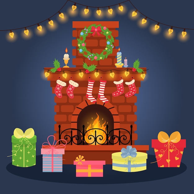 靴下の花輪ガーランドヒイラギとキャンドルとクリスマスの暖炉