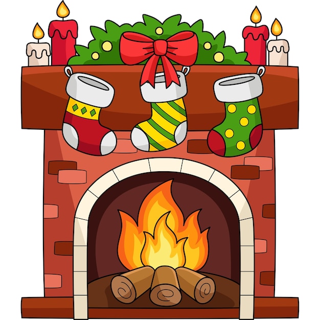 Christmas Fireplace with Stocking Cartoon Clipart