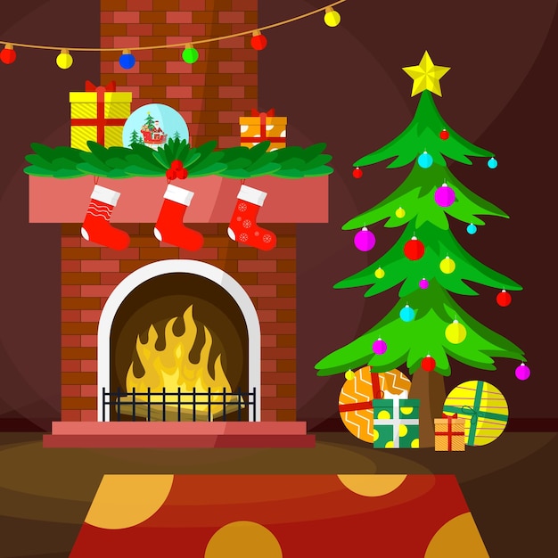 クリスマスの木と贈り物のクリスマス暖炉 クリスマスのインテリア装飾コンセプト