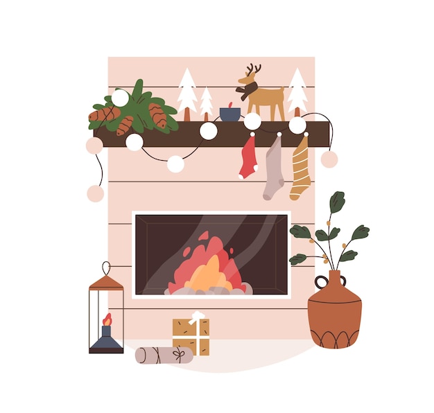 Christmas fireplace xmas fire place fireside decoration with festive ornaments home furnace with winter holiday gifts stockings decor flat vector illustration isolated on white background