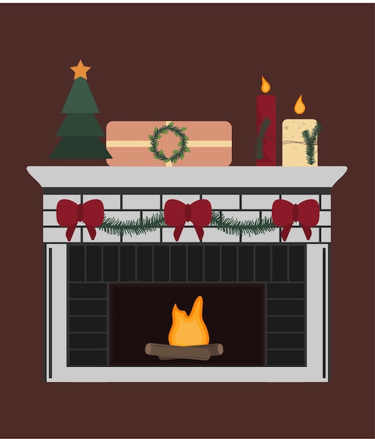 Vector christmas fireside with gift and candles red bow indoor decoration