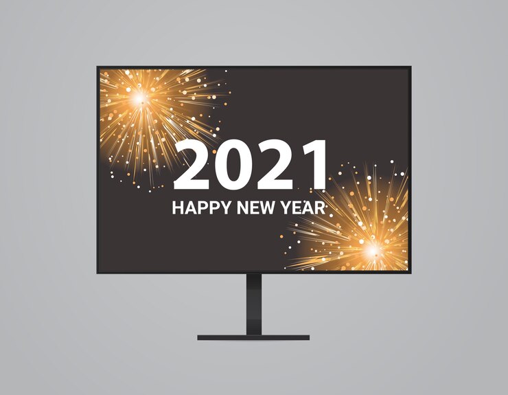 Vector christmas fireworks on computer monitor screen happy new year holidays celebration concept vector illustration