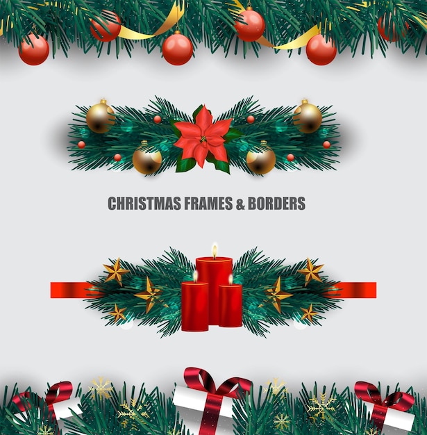 christmas flat set of beautiful wall decorations with berries branches and ribbons isolated