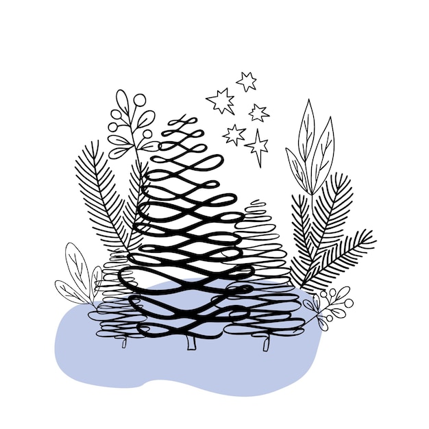 Christmas floral composition fir tree, leaves branches in doodle style for greeting card invitation