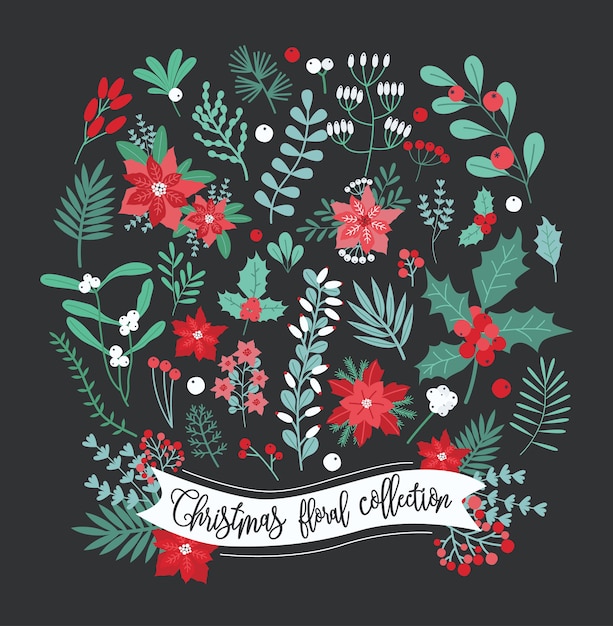 Vector christmas floral decoration collection.