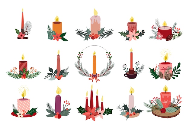 Christmas floral decoration with candles and seasonal flowers and plants, winter design.