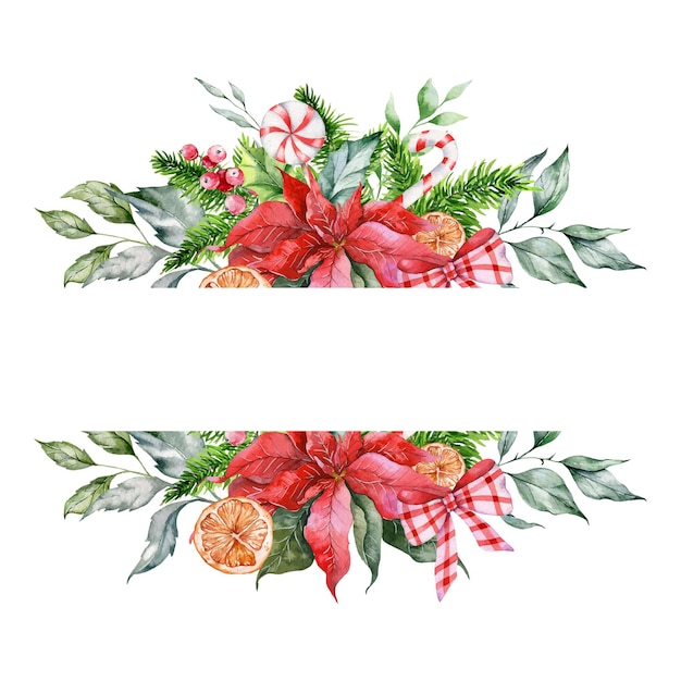 Vector christmas floral frames watercolor, christmas frames with poinsettia and greenery