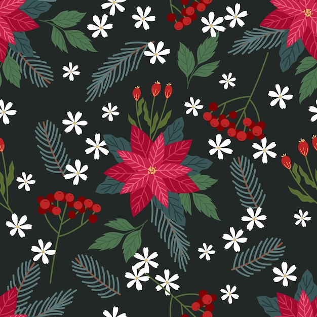Christmas floral seamless pattern in flat design