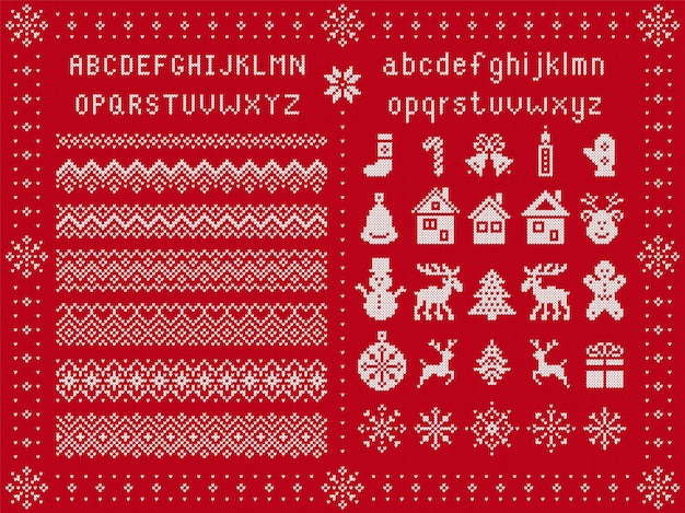 Рождественский шрифт и элементы xmas. вяжем бесшовные бордюры. выкройка свитера. сказочный орнамент с шрифтом, снежинка, олень, колокольчик, елка, снеговик, подарочная коробка. вязаный принт. красный текстурированный