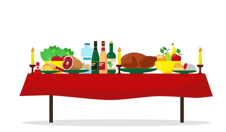 Vector christmas food on the table family holiday dinner table