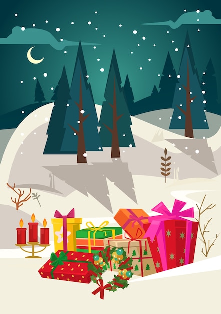 Vector christmas forest and gifts boxes laying on snow