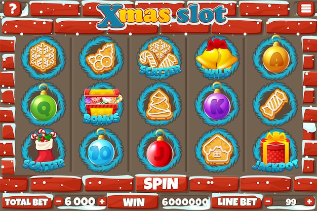 Christmas fortune slot UI buttons and set of 12 symbols Stone wall background Vector game control panel or slot menu